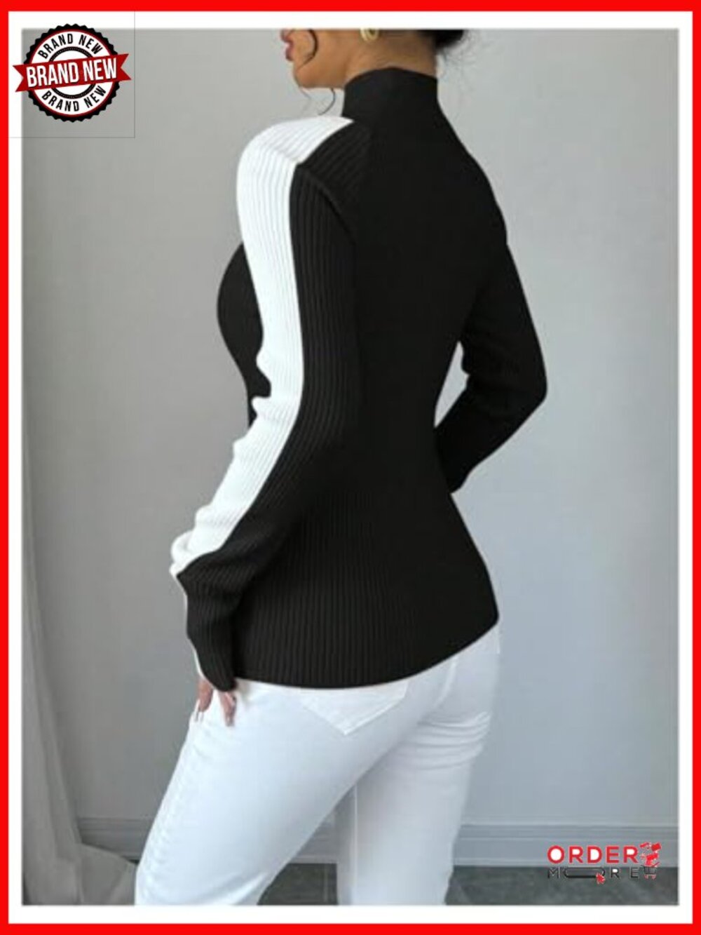 Color Block Turtleneck Pullover Sweater Ribbed Knit Long Sleeve Top - Picture 2 of 6
